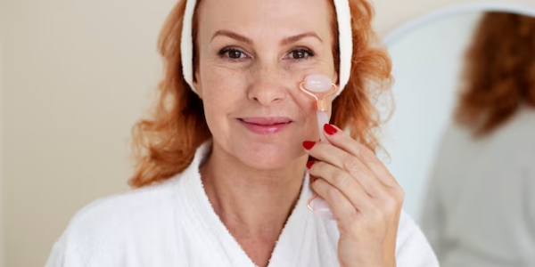 Dermatologist recommended skin care routine for 50s - woman applying anti-aging serum